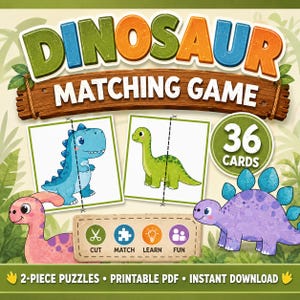Puede incluir: Un juego de emparejar dinosaurios en PDF imprimible con el texto DINOSAUR MATCHING GAME, 36 CARDS y 2-PIECE PUZZLES. El diseño incluye ilustraciones de dinosaurios azul, verde y morado, con iconos para cortar, emparejar, aprender y divertirse.