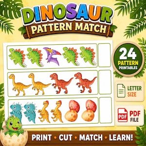 Puede incluir: Una hoja de actividades imprimible de emparejamiento de patrones de dinosaurios con filas de dinosaurios y huevos de dibujos animados. El texto dice DINOSAUR PATTERN MATCH, 24 PATTERN PRINTABLES, LETTER SIZE, PDF FILE, PRINT CUT MATCH LEARN.