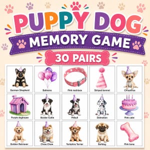 Op de afbeelding: Een Puppy Dog geheugenspel met 30 paren, voorzien van een kleurrijke koptekst en een raster van 15 geïllustreerde kaarten. Elke kaart toont een puppy, feestaccessoire of traktatie, waaronder een Duitse herder, ballonnen, roze halsband, gestreepte muts, Chihuahua, paars hondenhok, Border Collie, Pitbull, Dalmatiër, roze taart, Golden Retriever, Chow Chow, Yorkshire Terriër, Bulldog en een roze bot.