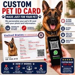 Puede incluir: Una tarjeta de identificación personalizada para mascotas con la foto de un pastor alemán, el texto United States Pet Identification y campos para nombre, sexo, fecha de nacimiento y propietario. Un smartphone muestra un código QR de WhatsApp.