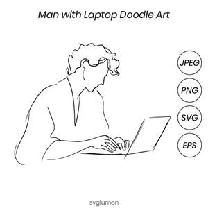 Könnte beinhalten: Eine schwarz-weiße Strichzeichnung mit dem Titel Man with Laptop Doodle Art, die eine Person an einem Laptop zeigt. Rechts befinden sich vier kreisförmige Symbole mit dem Text JPEG, PNG, SVG und EPS. Das Wort svglumen steht unten.