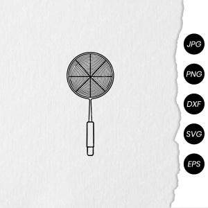 May include: A black line art illustration of a spider skimmer kitchen utensil with a circular mesh head and a straight handle. To the right, a vertical column of five black circles contains the white text labels JPG, PNG, DXF, SVG, and EPS.
