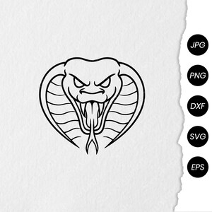 May include: A black and white line art illustration of a cobra head with an open mouth, fangs, and a forked tongue. To the right, a vertical column of five black circles contains the white text labels JPG, PNG, DXF, SVG, and EPS respectively.
