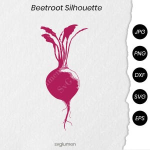May include: A magenta beetroot silhouette graphic centred on a white background with the text Beetroot Silhouette at the top and svglumen at the bottom. Five black circular icons labelled JPG, PNG, DXF, SVG, and EPS are aligned on the right side.
