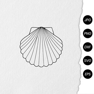 May include: A black line art illustration of a scallop shell featuring a fan-shaped design with radiating ridges. To the right, five black circular icons are vertically aligned, each containing the white text labels JPG, PNG, DXF, SVG, and EPS.