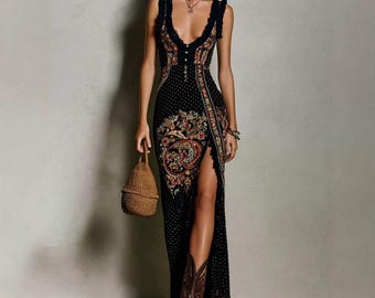 Women's Boho Sleeveless Maxi Dress |  Floral Split Dress Western Cowgirl Summer Outfit