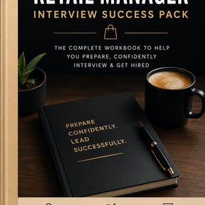 May include: A black workbook titled The Retail Manager Interview Success Pack with gold text. The cover reads Prepare Confidently. Lead Successfully. It is displayed with a black coffee mug, a black pen, and a small potted plant on a dark surface.