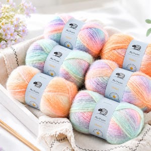 Soft Fluffy Halo Yarn, Pastel Multicolor Knitting Crochet Yarn, Cozy Sweater Scarf Hat Projects