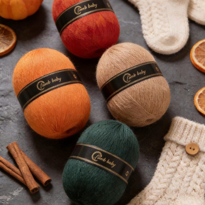 May include: Four balls of fuzzy yarn in red, orange, beige, and dark green, each wrapped with a black paper band featuring the gold text Lamb baby. The yarn balls are arranged with cinnamon sticks, dried orange slices, and cream knit socks.