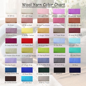 May include: A Wool Yarn Color Chart displaying 38 numbered color swatches. Each swatch features a specific color name, including white, pinks, reds, browns, yellows, greens, blues, grays, and black, arranged in a grid for yarn selection.