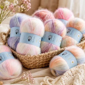 Soft Fluffy Halo Yarn, Pastel Multicolor Knitting Crochet Yarn, Cozy Sweater Scarf Hat Projects