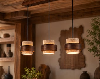Suspension LED Bois & Pierre Naturelle | Luminaire Suspendu Design pour Salle à Manger, Cuisine, Chambre | Câble Réglable