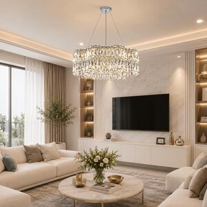 Op de afbeelding: Een ronde kroonluchter met meerdere niveaus, voorzien van talloze heldere, gefacetteerde kristallen prisma's die aan een metalen frame hangen. De verlichting is ingeschakeld en werpt een heldere gloed door de glazen elementen.