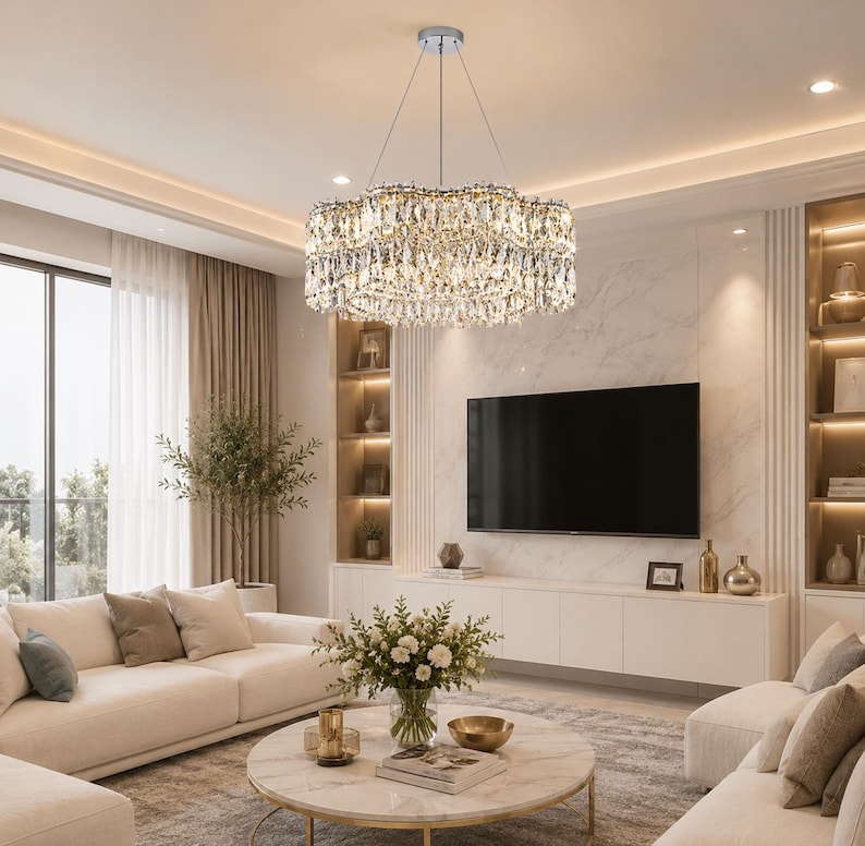 Op de afbeelding: Een ronde kroonluchter met meerdere niveaus, voorzien van talloze heldere, gefacetteerde kristallen prisma's die aan een metalen frame hangen. De verlichting is ingeschakeld en werpt een heldere gloed door de glazen elementen.
