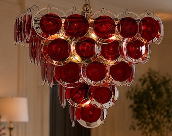 Lustre Verre Rouge Vintage Style Murano – Suspension Luxe Multi-Niveaux Dorée, Luminaire Design Salon Salle à Manger E27