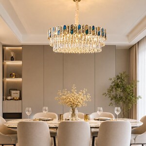 Lustre Ovale Cristal K9 Doré & Bleu – Suspension Design Nacre Irisée, Luminaire Luxe Salle à Manger zdjęcie 2