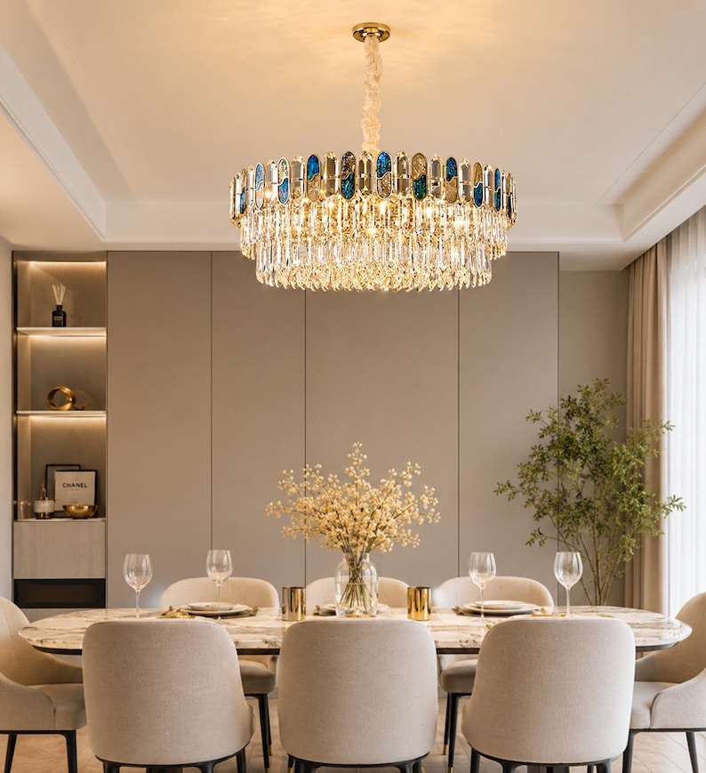 Lustre Ovale Cristal K9 Doré & Bleu – Suspension Design Nacre Irisée, Luminaire Luxe Salle à Manger zdjęcie 2