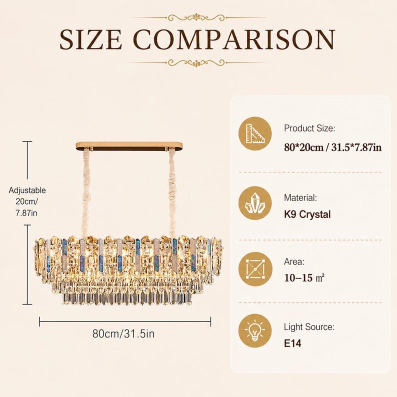 Może przedstawiać: Prostokątny kryształowy żyrandol ze złotą ramą i wiszącymi pryzmatami z kryształu K9. Tekst zawiera SIZE COMPARISON, Product Size: 80*20cm / 31.5*7.87in, Material: K9 Crystal, Area: 10-15 m&sup2; oraz Light Source: E14. Regulowana wysokość wynosi 20 cm.