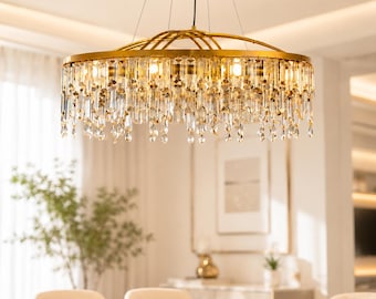 Lustre Suspension Dorée Réglable – Cristal & Métal Doré, Éclairage Luxe Hauteur Ajustable pour Salon