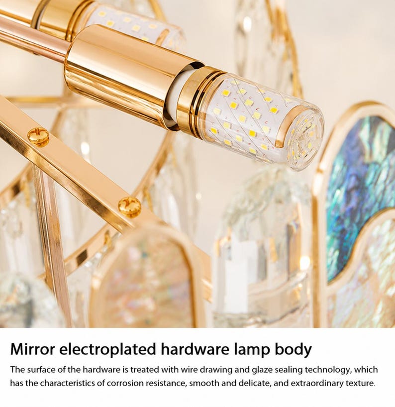 Lustre Ovale Cristal K9 Doré & Bleu – Suspension Design Nacre Irisée, Luminaire Luxe Salle à Manger zdjęcie 6