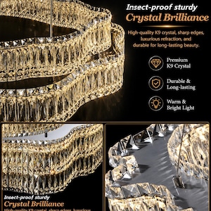 Op de afbeelding: Een meerlaagse kroonluchter met K9-kristallen prisma's met scherpe randen die een warm, helder licht uitstralen. De tekst op de afbeelding luidt: Insect-proof sturdy Crystal Brilliance, High-quality K9 crystal, sharp edges, luxurious refraction, and durable for long-lasting beauty, Premium K9 Crystal, Durable & Long-lasting, Warm & Bright Light.