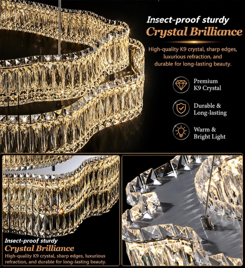 Op de afbeelding: Een meerlaagse kroonluchter met K9-kristallen prisma's met scherpe randen die een warm, helder licht uitstralen. De tekst op de afbeelding luidt: Insect-proof sturdy Crystal Brilliance, High-quality K9 crystal, sharp edges, luxurious refraction, and durable for long-lasting beauty, Premium K9 Crystal, Durable & Long-lasting, Warm & Bright Light.