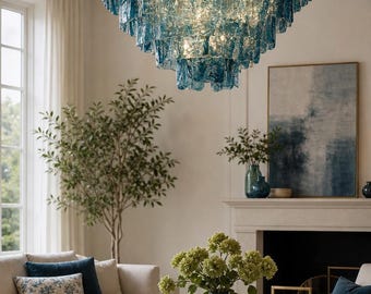 Lustre Verre de Murano Luxe Bleu ou Ambre – Suspension Plafond Rétro Française, Éclairage LED Design Salon Salle à Manger