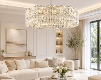 Lustre Cristal K9 Doré XXL Salle à Manger – Suspension LED Luxe Multi-Tailles, Éclairage Design Haut de Gamme
