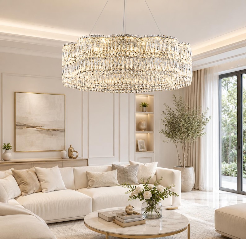 Op de afbeelding: Een grote, ronde kristallen kroonluchter met meerdere lagen van gefacetteerde glasprisma's die het licht breken. Het armatuur heeft een metalen frame, hangt aan het plafond en verspreidt een warme, heldere gloed door de kamer.