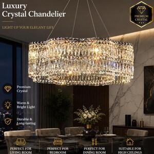 Op de afbeelding: Een ronde, meerlaagse kristallen kroonluchter met talloze heldere, gefacetteerde glazen prisma's die aan een frame hangen. Het armatuur straalt een warm, helder licht uit en cre&euml;ert een sprankelend effect. Tekst: Luxury Crystal Chandelier.