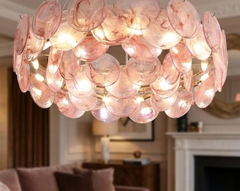 Lustre Verre Murano  4 Coloris – Suspension Disques Soufflés Rose Blanc Vert Bleu, Luminaire Salon