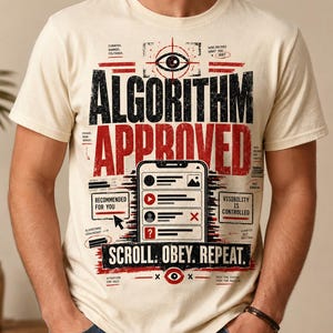 May include: A cream-colored t-shirt featuring a graphic print with the text ALGORITHM APPROVED and SCROLL. OBEY. REPEAT. The design includes a stylized eye, a smartphone interface, and various small text annotations like RECOMMENDED FOR YOU.