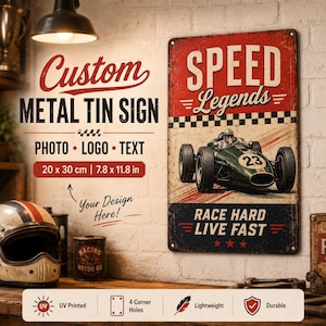 May include: A rectangular metal tin sign measuring 20 x 30 cm or 7.8 x 11.8 inches. The sign features a vintage race car with the number 23, the text SPEED Legends, and the phrase RACE HARD LIVE FAST. It has four corner holes for mounting.