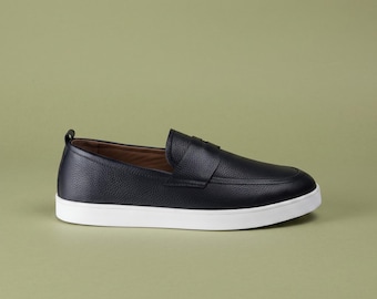 Mens Leather Loafers Black Leather Slip On Shoes Handmade Casual Loafers Minimalist Leather Shoes for Men