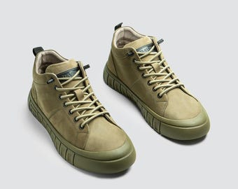 Men's Winter Leather Boots, Nubuck High Top Sneakers, Warm Shearling Lined Casual Shoes
