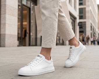 Men's White Leather Sneakers: Handmade Minimalist Footwear for Everyday Walking