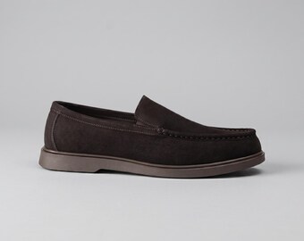 Men's Brown Suede Loafers, Handmade Leather Lined Slip On Shoes
