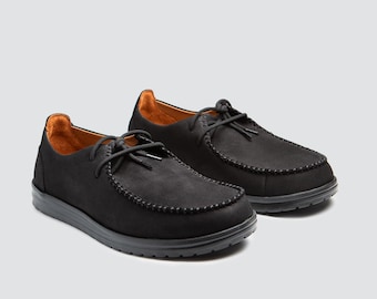 Men's Black Walking Shoes, Handmade Nubuck Casual Shoes, Lightweight Comfort Footwear, Wide Toe Everyday Shoes