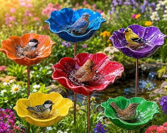 Flower Shaped Bird Bath Garden Stake, Bird Feeder Bowl, Outdoor Floral Water Dish for Birds, Pollinator Friendly Garden Decor