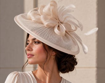 Beige Fascinator Hut für Frauen, Kentucky Derby Hut, Feder Mesh Kopfschmuck, Hochzeitsgast Haarschmuck, Teeparty & Royal Ascot Hut