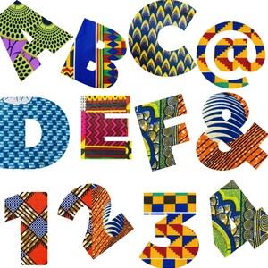 Estampado africano de 11 cm de alto, fuente clásica en negrita, adhesivo para planchar, letras, números y símbolos para personalizar con apliques.