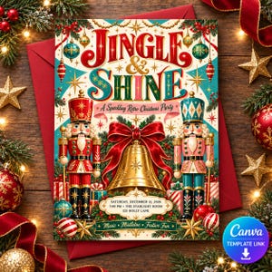 Peut inclure: Une carte d'invitation rectangulaire pour une fête de Noël avec le texte JINGLE & SHINE A Sparkling Retro Christmas Party. Le design comprend deux casse-noisettes, une grande cloche dorée avec un nœud rouge et des ornements festifs.