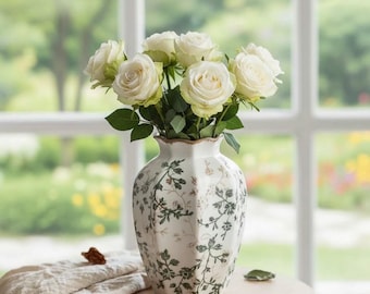 May include: A bouquet of cream-coloured roses with green leaves arranged in a white ceramic vase. The vase features a hexagonal shape and is decorated with a delicate, repeating pattern of green vines, small leaves, and tiny brown floral accents.