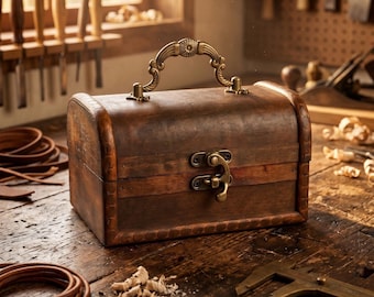 May include: A rectangular wooden chest with a curved lid, featuring a dark brown finish, a decorative brass-coloured metal handle on top, and a matching brass-coloured metal latch on the front. The chest has a textured border along the edges.