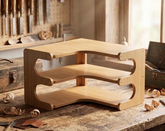 May include: A light-toned wooden corner shelf unit featuring three L-shaped tiers. The structure is supported by two side panels with rounded cutouts, connected by small metal screws at each corner, providing a tiered storage solution.