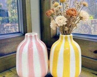 Modern Nordic Striped Ceramic Vase | Minimalist Small Bud Vase for Home Decor | Candy Color Decorative Table Centerpiece