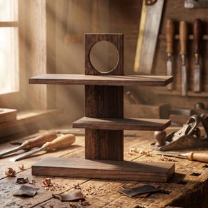 May include: A dark brown wooden tiered display stand featuring three horizontal shelves attached to a central vertical support. The top section includes a square panel with a circular cutout. The structure is made of smooth, polished wood grain.