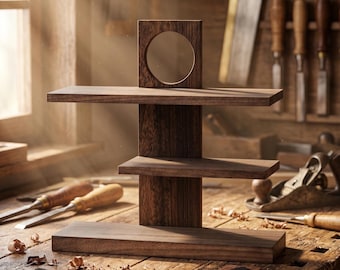 May include: A dark brown wooden tiered display stand featuring three horizontal shelves attached to a central vertical support. The top section includes a square panel with a circular cutout. The structure is made of smooth, polished wood grain.