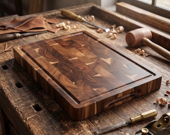 May include: A rectangular end-grain wooden chopping board with a dark brown, multi-tonal pattern and a carved juice groove along the perimeter. The board features a thick, solid construction with visible wood grain variations throughout the surface.