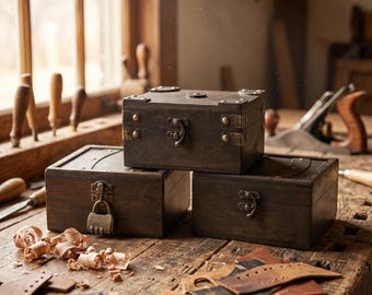 May include: Three rectangular dark brown wooden storage boxes with brass-toned metal hardware. One box features a combination padlock on the front latch, while the other two have simple metal clasps. The boxes have reinforced metal corners.